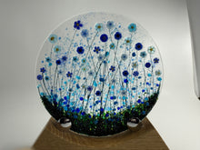 Load image into Gallery viewer, Handmade Fused Glass Round/Disc Blue Flower Ornament in a handmade Oak stand