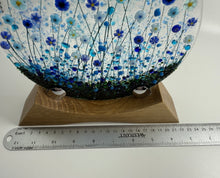 Load image into Gallery viewer, Handmade Fused Glass Round/Disc Blue Flower Ornament in a handmade Oak stand