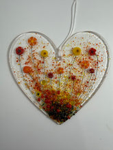 Load image into Gallery viewer, Hanging heart with red, yellow and orange flowers
